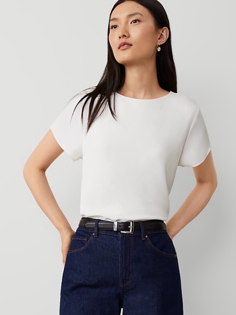 Ann Taylor Ivory Mixed Media Crew Neck Short Sleeve Blouse
